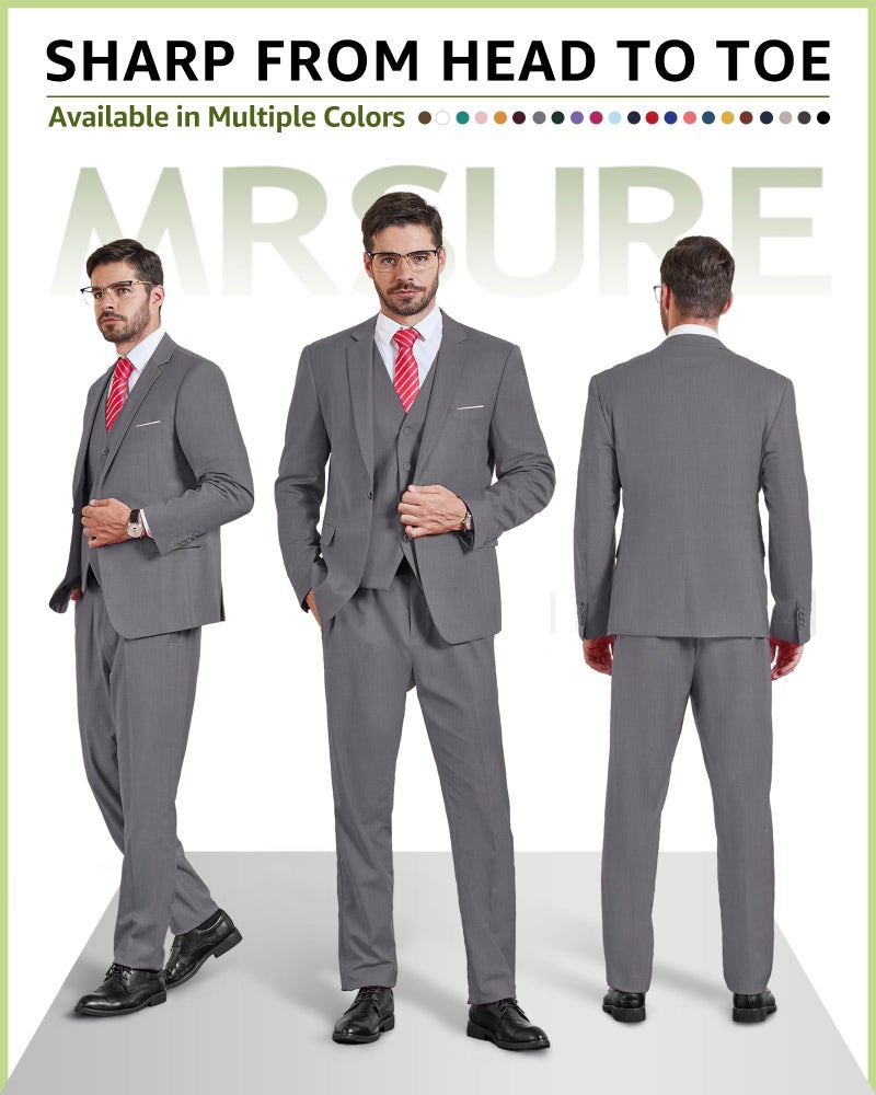 MrSure Men's 3 Piece Suit Blazer, Slim Fit Tux with One Button, Jacket Vest Pants & Tie Set for Party, Wedding and Business Light Grey - Image 2